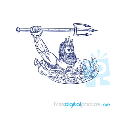 Triton Wielding Trident Drawing Blue Stock Image