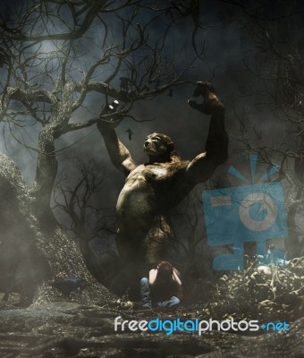 Troll Attack A Woman In The Woods,3d Illustration For Book Illustration Stock Image