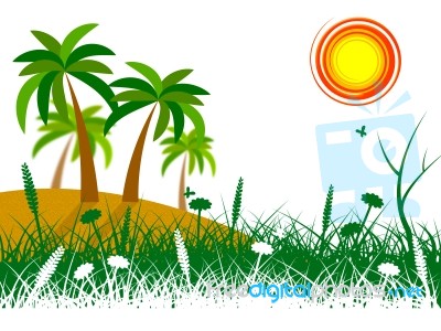 Tropical Island Means Palm Tree And Beach Stock Image