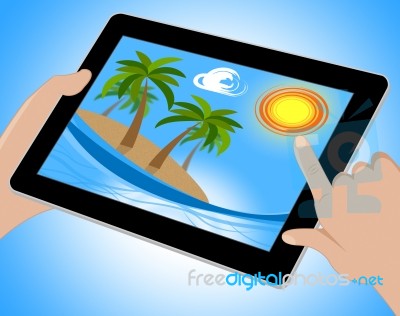 Tropical Island Tablet Shows Exotic Beach 3d Illustration Stock Image