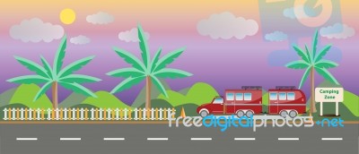 Truck And Camping Caravan Car With Landscape Background Stock Image Truck And Camping Caravan Car With Landscape Background Stock Image