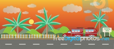 Truck And Camping Caravan Car With Landscape Background  Stock Image