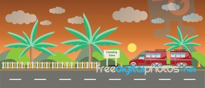 Truck And Camping Caravan Car With Landscape Background  Stock Image