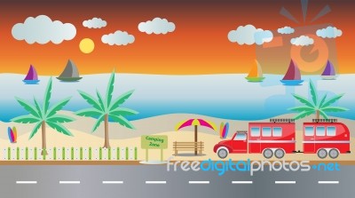 Truck And Camping Caravan Car With Seascape Background Stock Image Truck And Camping Caravan Car With Seascape Background Stock Image
