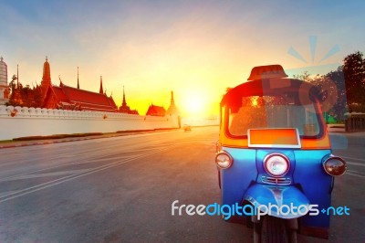Tuk Tuk And Sun Set Sky At Grand Palace Most Popular Traveling Destination In Bangkok Thailand Stock Photo