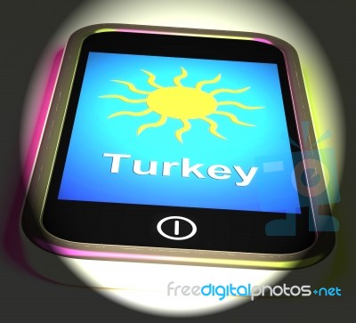 Turkey On Phone Displays Holidays And Sunny Weather Stock Image