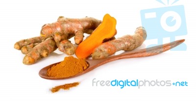 Turmeric With Spoon Powder Isolated Stock Photo