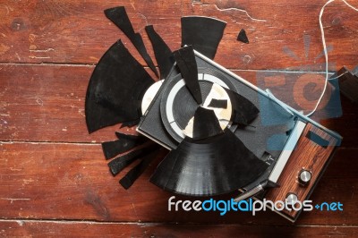 Turntables And Vinyl On Wooden Background Stock Photo