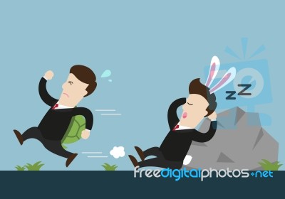 Turtle Businessman Is Running And Rabbit One Is Sleeping In Running Competition Stock Image