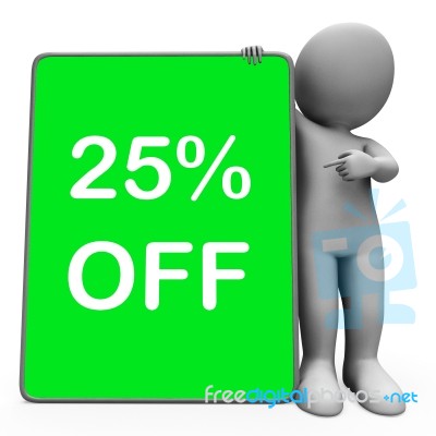 Twenty Five Percent Off Tablet Character Means 25% Reduction Or Stock Image