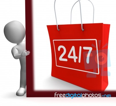 Twenty Four Seven Shopping Sign Shows Open 24/7 Stock Image