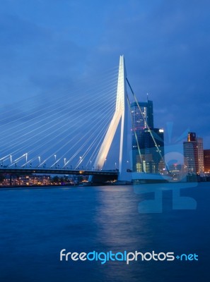Twilight At Erasmus Bridge In Rotterdam Stock Photo