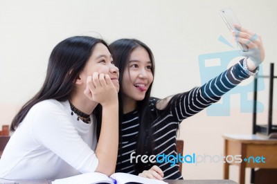 Two Asia Thai Teen Best Friends Girls Make Picture Selfie Pic Stock Photo