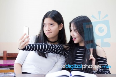 Two Asia Thai Teen Best Friends Girls Make Picture Selfie Pic Stock Photo