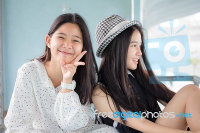 Two Asia Thai Teen Best Friends Girls Smile And Funny Stock Photo