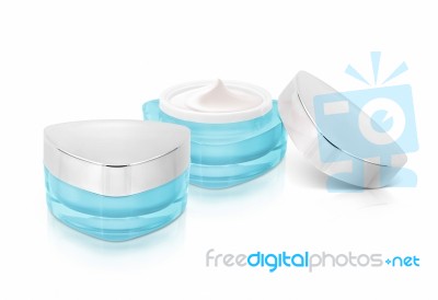 Two Blue Triangle Cosmetic Jar On White Background Stock Photo