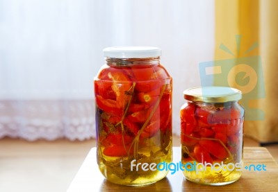 Two Glass Jars With Marinated Tomatoes Homemade Stock Photo