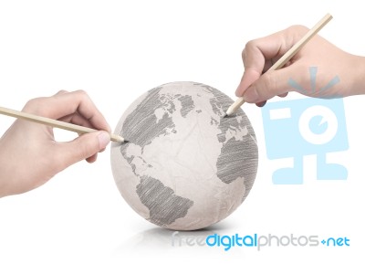Two Hand Shade Drawing America Map On Paper Ball Stock Photo