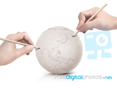 Two Hand Stroke Drawing Asia Map On Paper Ball Stock Photo