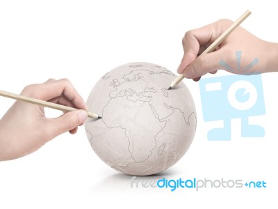 Two Hand Stroke Drawing Europe Map On Paper Ball Stock Photo