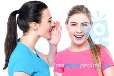 Two Pretty Young Girls Gossiping Stock Photo