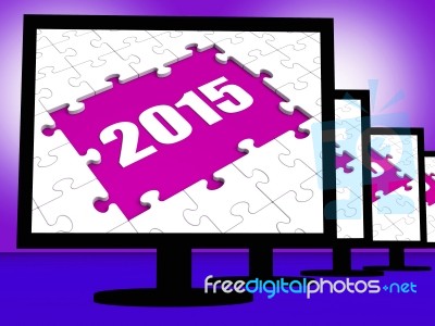 Two Thousand And Fifteen On Monitors Shows Year 2015 Resolution Stock Image