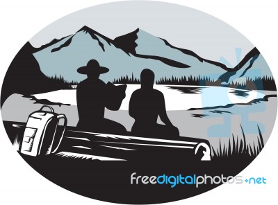 Two Trampers Sitting On Log Lake Mountain Oval Woodcut Stock Image