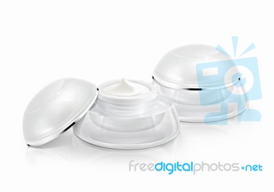 Two White Rounded Cosmetic Jar On White Background Stock Photo