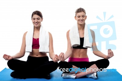 Two Young Girls Doing Yoga At Gym Stock Photo
