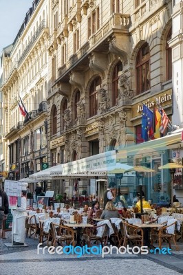 Typical Street Cafe Near Wencelas Square In Prague Stock Photo