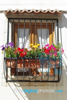 Typical Window Balcony With Flowers In Lisbon Stock Photo