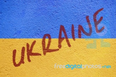 Ukraine Flag Painted On Old Concrete Wall With Ukraine Inscripti… Stock Photo
