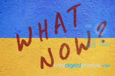 Ukraine Flag Painted On Old Concrete Wall With What Now Inscript… Stock Photo