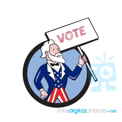 Uncle Sam Holding Placard Vote Circle Cartoon Stock Image