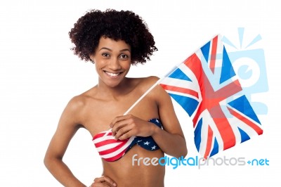 United Kingdom Supporter In American Flag Bikini Stock Photo