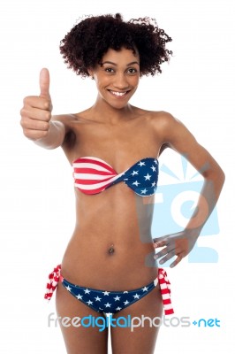 United States Flag Bikini Model Gesturing Thumbs Up Stock Photo
