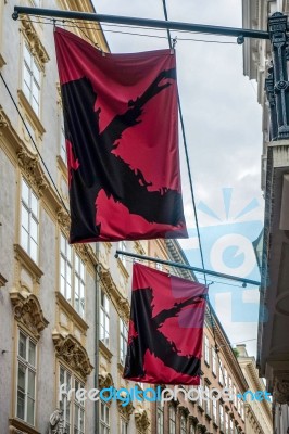 Unusual Flags Hanging From A Building Near The Hofburg In Vienna… Stock Photo