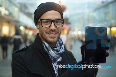 Urban Man Holdin Tablet Computer On Street Stock Photo