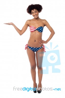 Usa Flag Bikini Model Presenting Copy Space Stock Photo