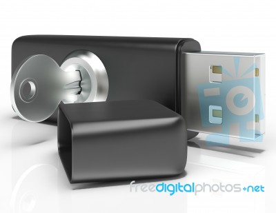 Usb Flash And Key Shows Secure Portable Storage Stock Image