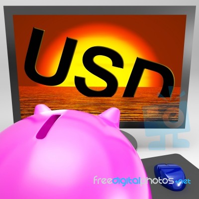 Usd Sinking On Monitor Showing American Debts Stock Image