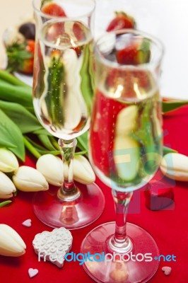 Valentine's Day Sweets And Champagne Setup Stock Photo
