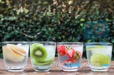 Variety Fruit Infused Water With Iced Stock Photo
