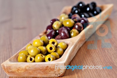 Variety Of Green, Black And Mixed Marinated Olives Stock Photo