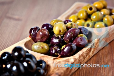 Variety Of Green, Black And Mixed Marinated Olives Stock Photo