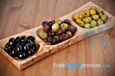 Variety Of Green, Black And Mixed Marinated Olives Stock Photo