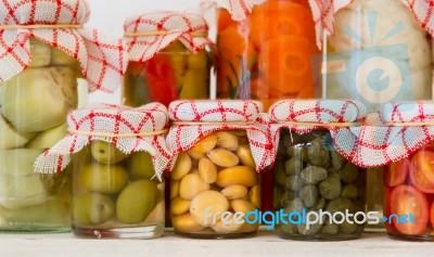 Variety Of Jars With Organic Vegetable Pickles Stock Photo