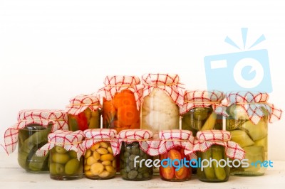 Variety Of Jars With Organic Vegetable Pickles Stock Photo