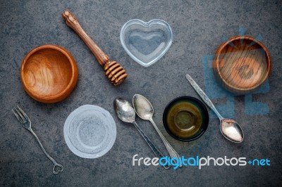 Various Cooking Utensils Border. Wooden Bowl , Vintage Spoons An… Stock Photo