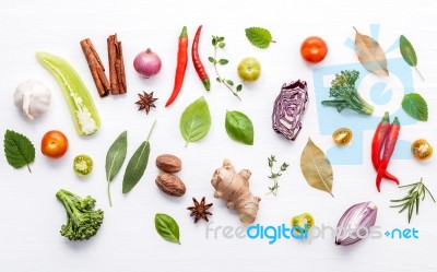 Various Fresh Vegetables And Herbs On White Background.ingredien… Stock Photo